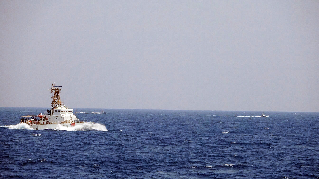 Two Iranian Islamic Revolutionary Guard Corps Navy fast in-shore attack craft, a type of speedboat armed with machine guns, conducted unsafe and unprofessional maneuvers while operating in close proximity to USCGC Maui (WPB 1304) as it transits the Strait of Hormuz