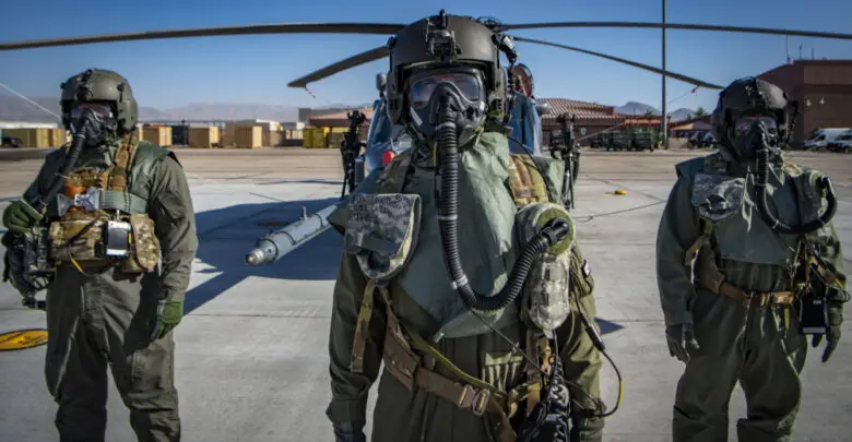 Airmen assigned to the 88th Test and Evaluation Squadron, pose for a photo in full Chemical, Biological, Radiological, and Nuclear flight gear