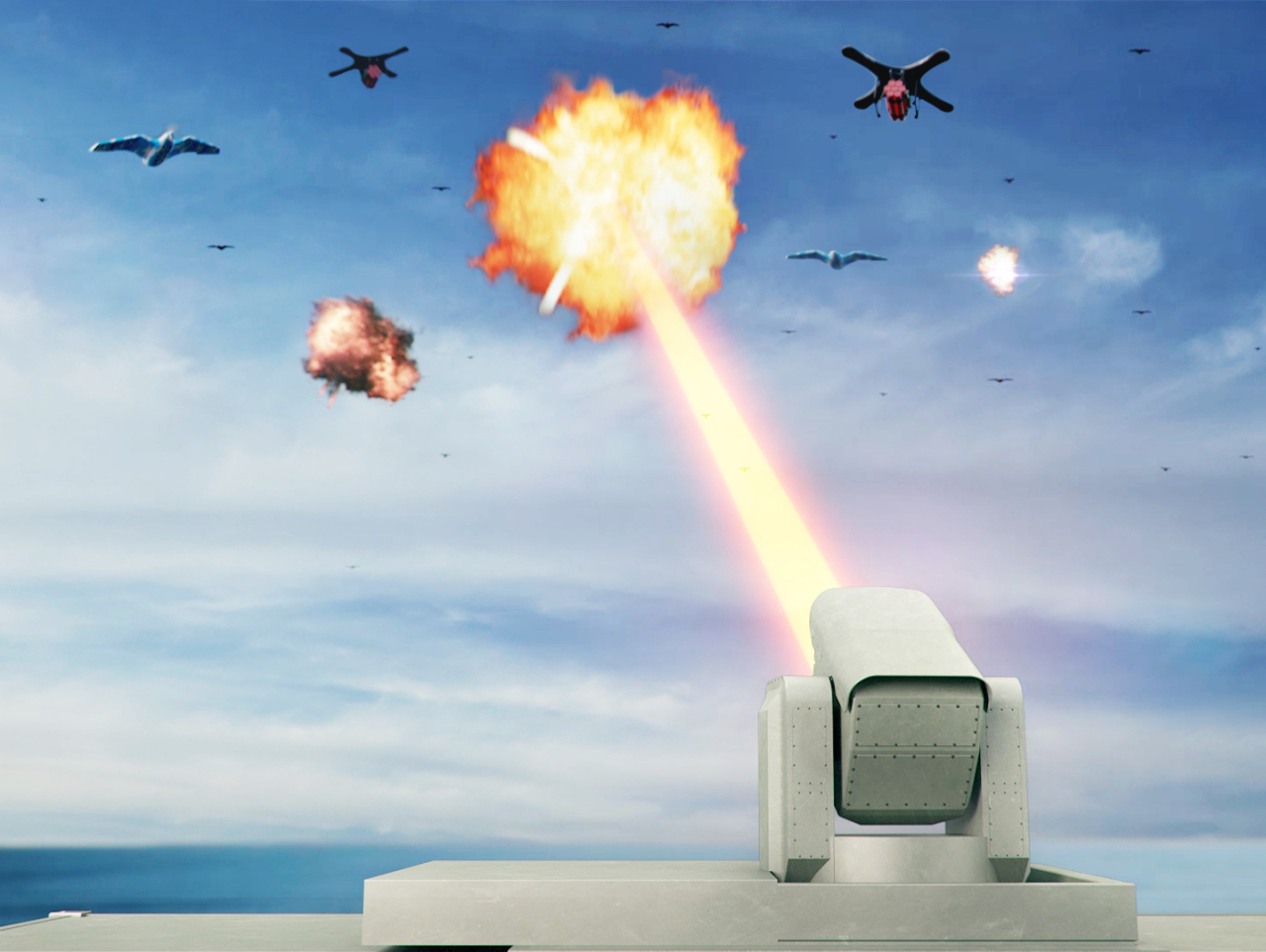 A conceptual image of a laser weapon shooting down drones