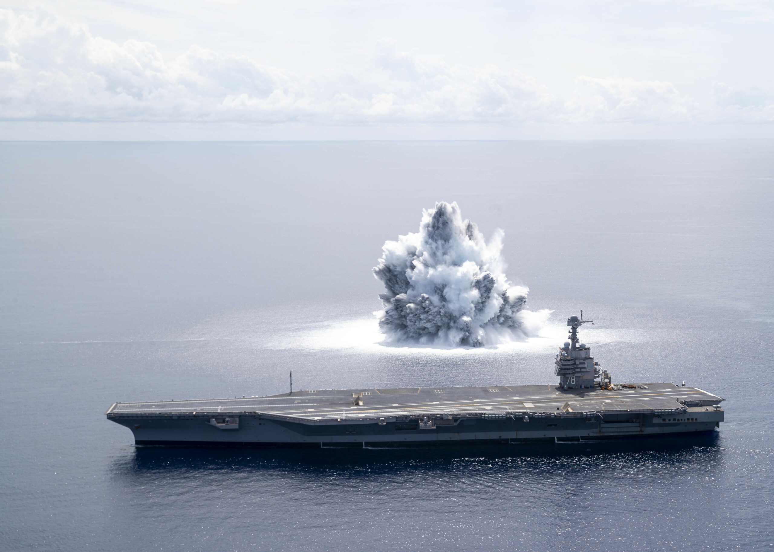 The aircraft carrier USS Gerald R. Ford (CVN 78) completes the first scheduled explosive event of Full Ship Shock Trials while underway in the Atlantic Ocean, June 18, 2021
