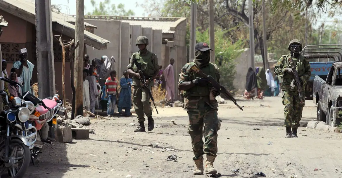 Nigerian troops patrolling the streets in the northeast town of Baga, Borno State, Nigeria