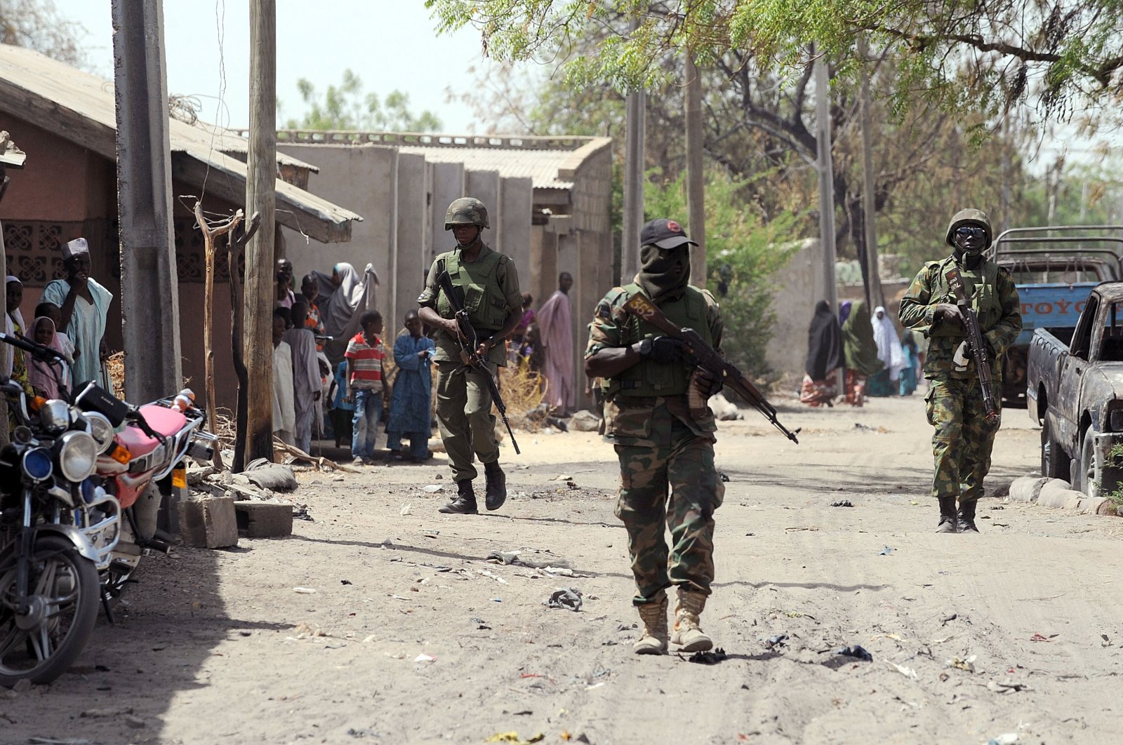 Nigerian troops patrolling the streets in the northeast town of Baga, Borno State, Nigeria