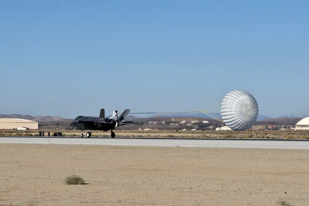 The F-35A, AF-4, can be seen outfitted with a spin recovery chute (SRC) during High Angle of Attack testing accomplished by the F-35 Integrated Test Force team at Edwards Air Force Base, California