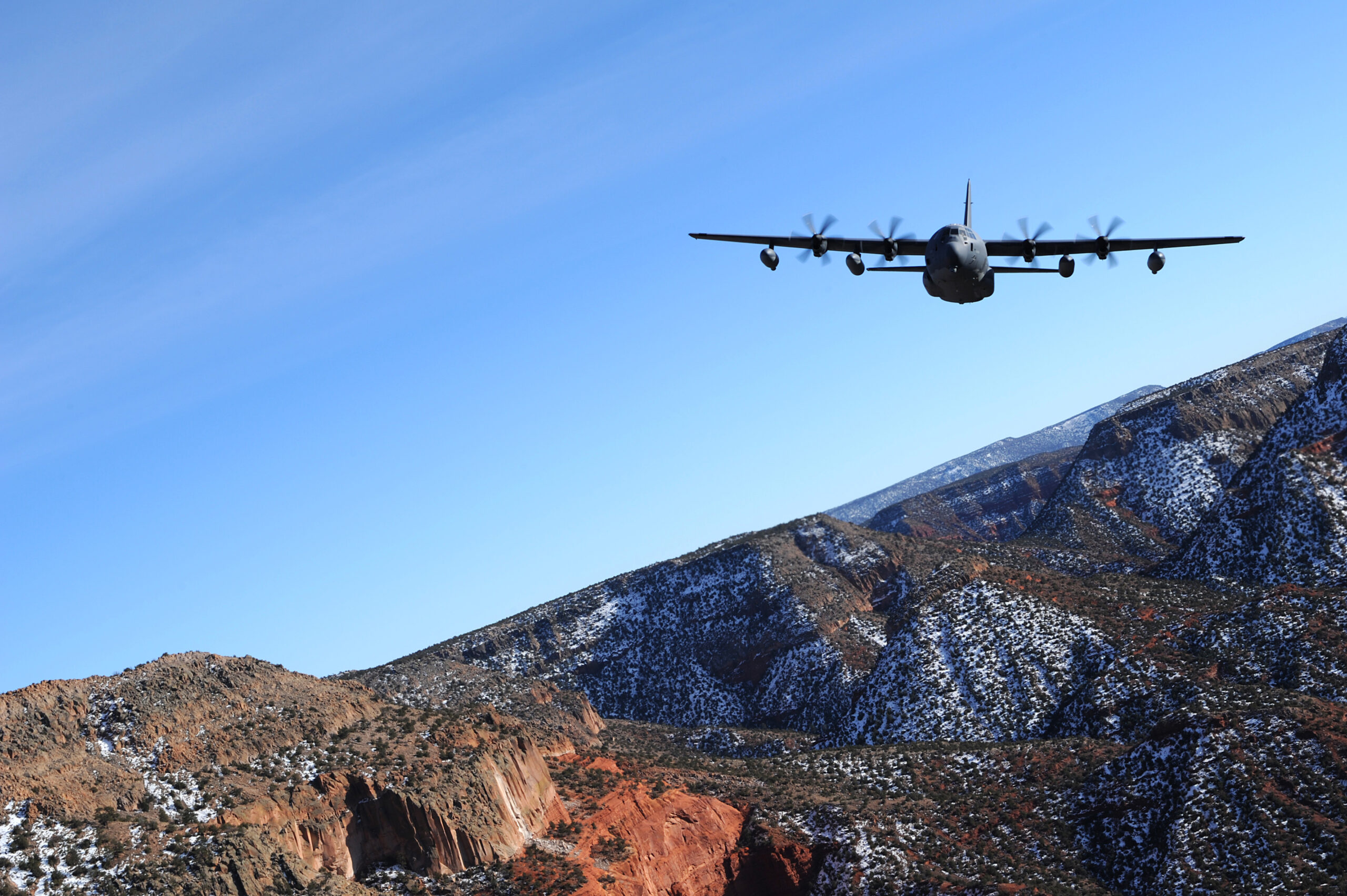 A 52nd Special Operations Squadron MC-130J Combat Shadow II aircraft flies over the skies of New Mexico.