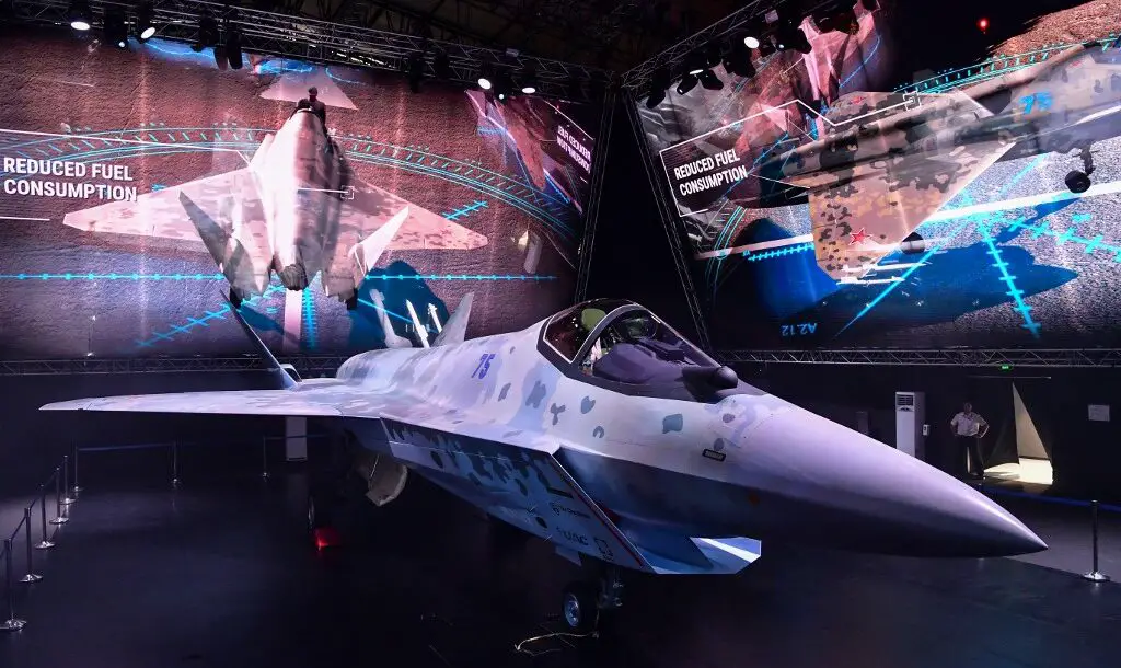 A prototype of Russia's new Sukhoi Checkmate Fighter is displayed at the MAKS 2021 International Aviation and Space Salon, in Zhukovsky, outside Moscow, Russia