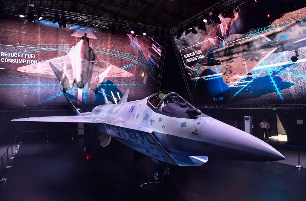 A prototype of Russia's new Sukhoi Checkmate Fighter is displayed at the MAKS 2021 International Aviation and Space Salon, in Zhukovsky, outside Moscow, Russia