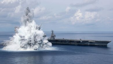 Aircraft carrier USS Gerald R. Ford (CVN 78) successfully completes the third and final scheduled explosive event for Full Ship Shock Trials while underway in the Atlantic Ocean, August 8, 2021