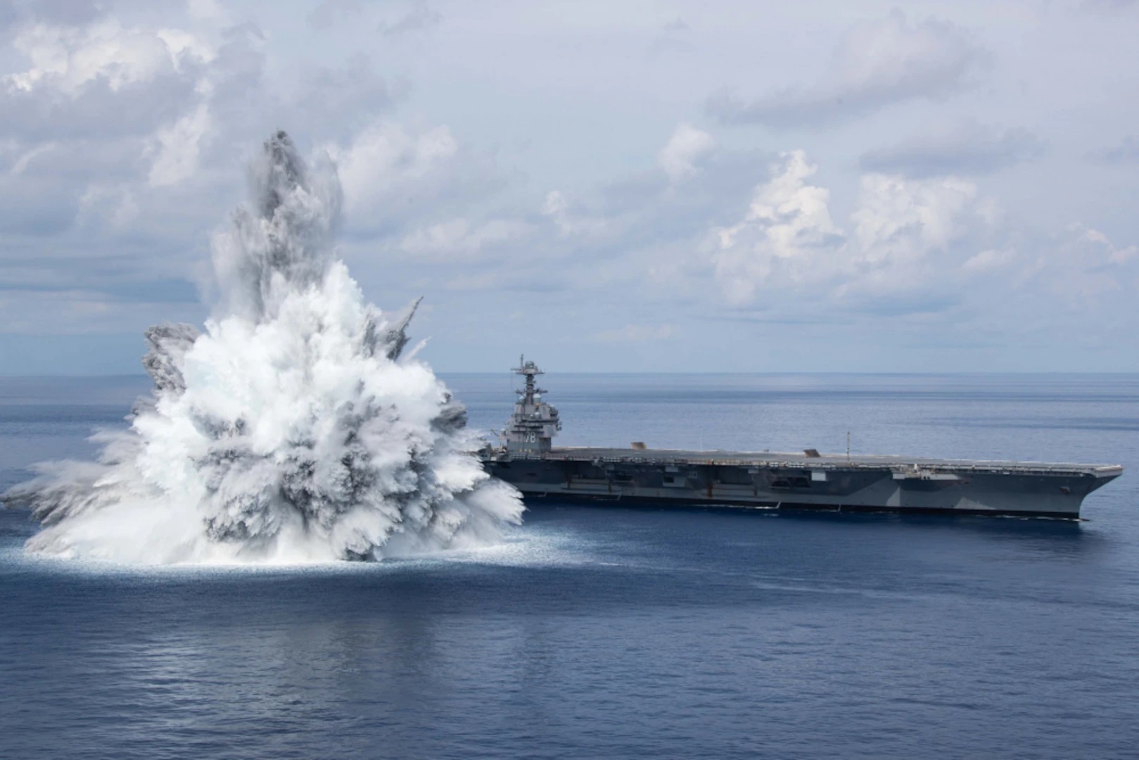 Aircraft carrier USS Gerald R. Ford (CVN 78) successfully completes the third and final scheduled explosive event for Full Ship Shock Trials while underway in the Atlantic Ocean, August 8, 2021
