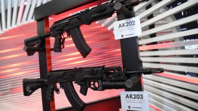The AK-202 and AK-203 rifles are displayed during the St. Petersburg International Economic Forum in St. Petersburg, Russia, 2019