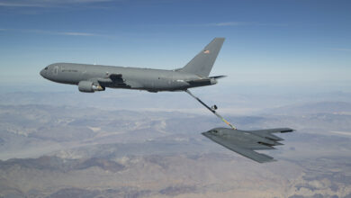 A KC-46 refuels the B-2 for the first time during developmental flight test over Edwards AFB and the Sierra Nevada Mountains in April 2019.