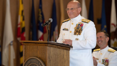 Navy Adm. Michael Gilday delivers his first remarks as the 32nd chief of naval operations during a change-of-office ceremony at the Washington Navy Yard, Aug. 22, 2019