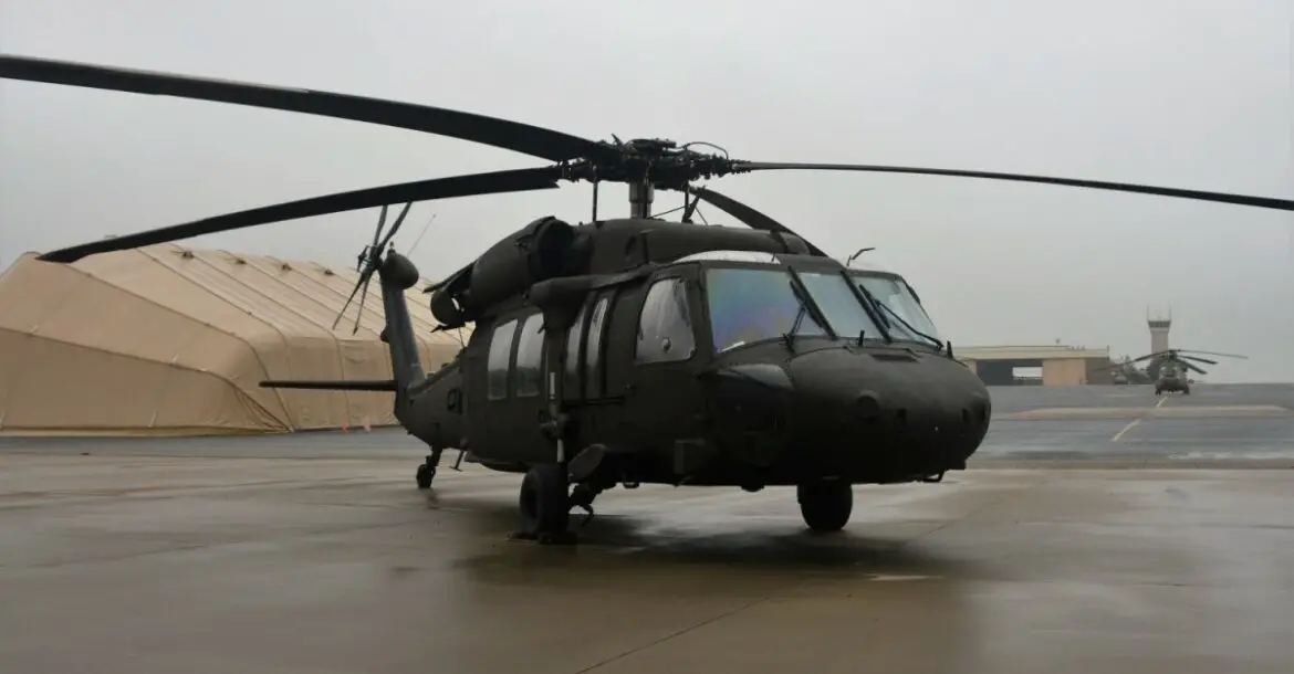 A UH-60V Black Hawk helicopter is parked on Muir Army Airfield for a ribbon-cutting ceremony for the new variant on October 6, 2021.