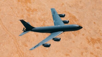 A US Air Force KC-135 Stratotanker, assigned to the 350th Expeditionary Aircraft Refueling Squadron, flies over Qatar, Feb. 13, 2021