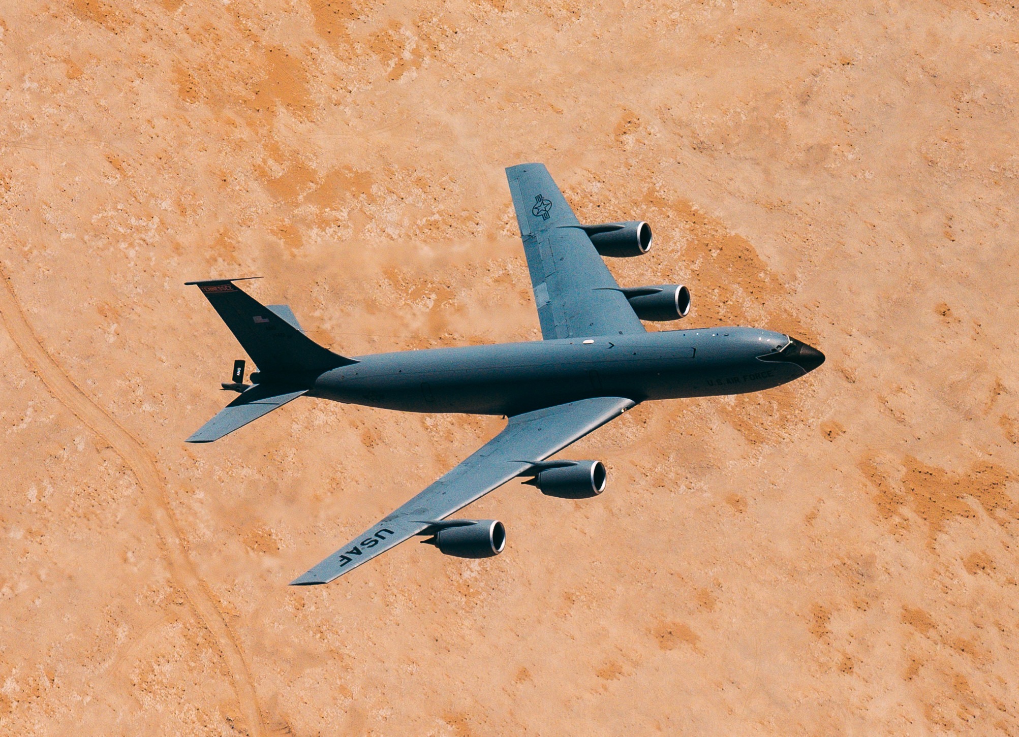 A US Air Force KC-135 Stratotanker, assigned to the 350th Expeditionary Aircraft Refueling Squadron, flies over Qatar, Feb. 13, 2021