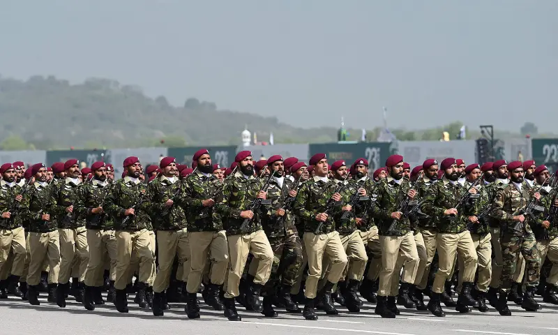 Pakistani defense forces during a military parade.