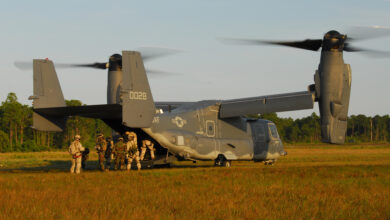 US Air Force special tactics Airmen board a CV-22 Osprey at Hurlburt Field, Florida