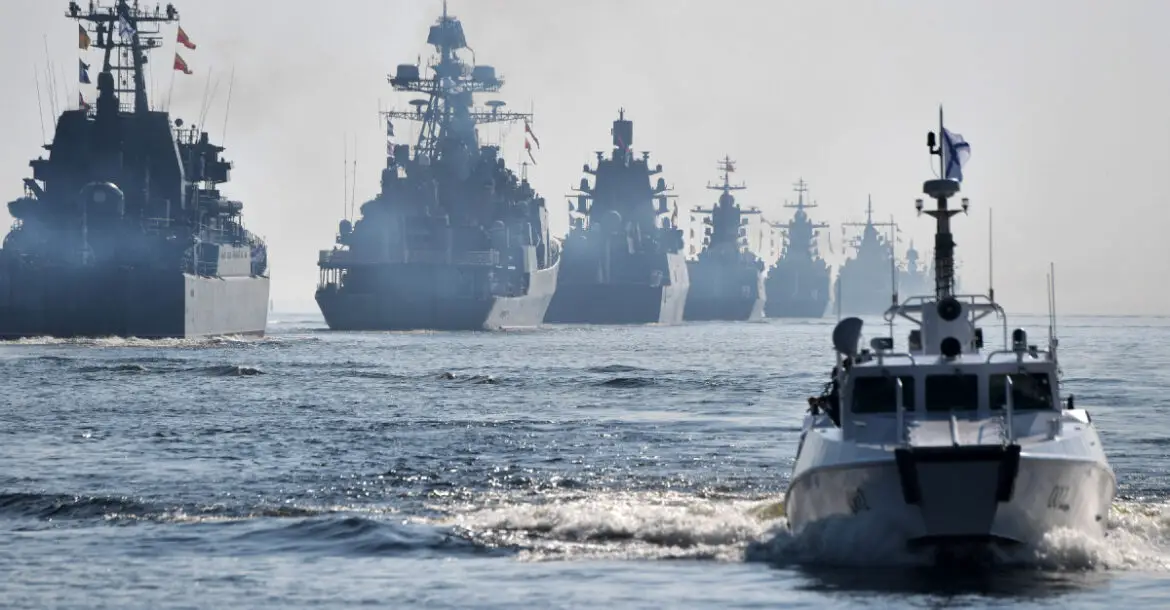 Russian navy warships are on display in the Baltic Sea during Navy Day celebrations in Saint Petersburg, 2019