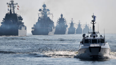 Russian navy warships are on display in the Baltic Sea during Navy Day celebrations in Saint Petersburg, 2019
