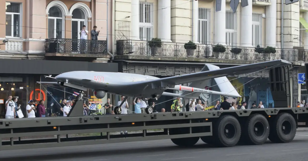 A Bayraktar drone during a rehearsal for the Independence Day military parade in central Kyiv, Ukraine August 20, 2021