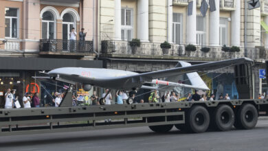 A Bayraktar drone during a rehearsal for the Independence Day military parade in central Kyiv, Ukraine August 20, 2021