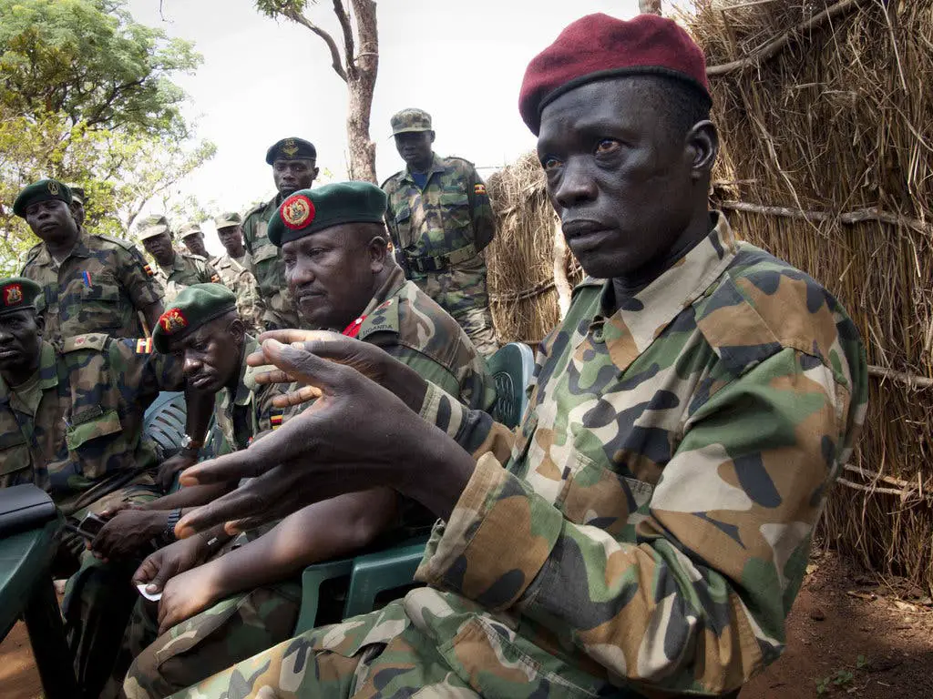 Soldiers at a Ugandan army base in Djema