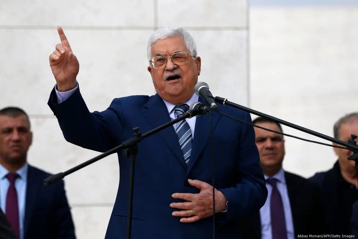Palestinian President Mahmoud Abbas gives a speech
