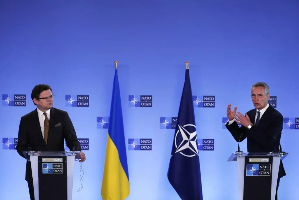 NATO Secretary General Jens Stoltenberg and Ukraine's Foreign Minister Dmytro Kuleba give a press conference