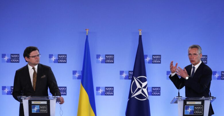 NATO Secretary General Jens Stoltenberg and Ukraine's Foreign Minister Dmytro Kuleba give a press conference
