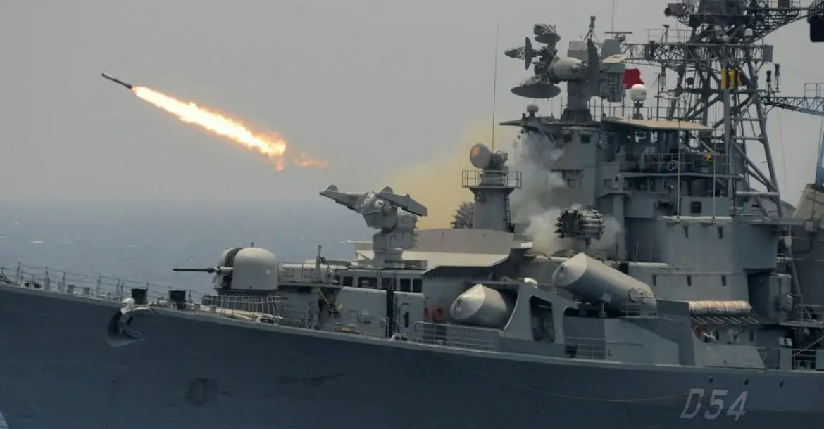 A rocket is fired from the Indian Navy destroyer ship INS Ranvir