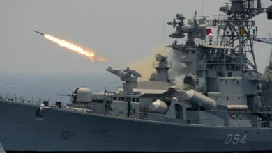 A rocket is fired from the Indian Navy destroyer ship INS Ranvir
