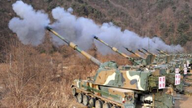 South Korean Army K9 self-propelled howitzers fire rounds