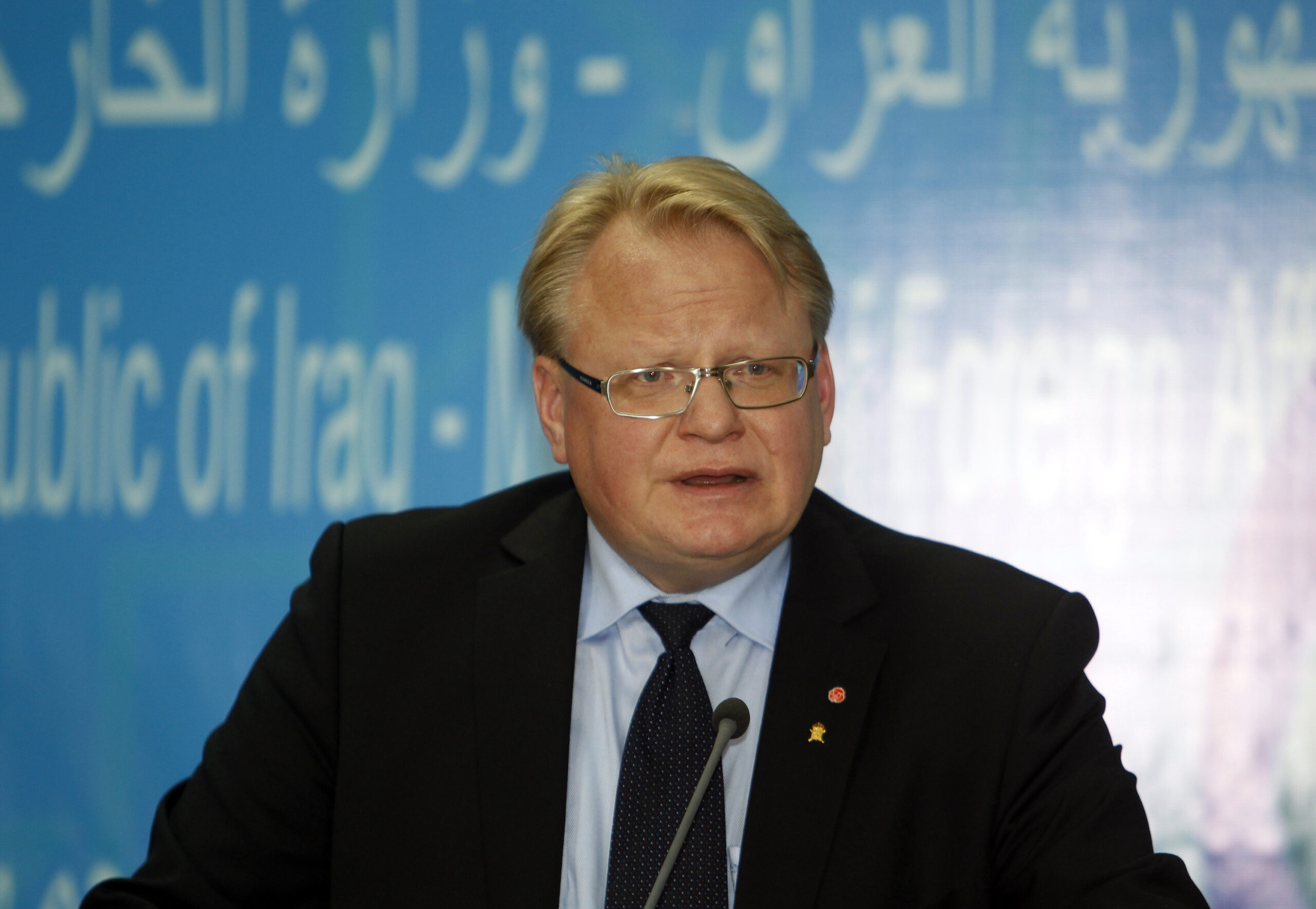Swedish Defense Minister Peter Hultqvist speaks during a press conference
