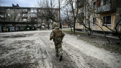 A Ukrainian soldier in the town of Schastia, near the eastern city of Lugansk