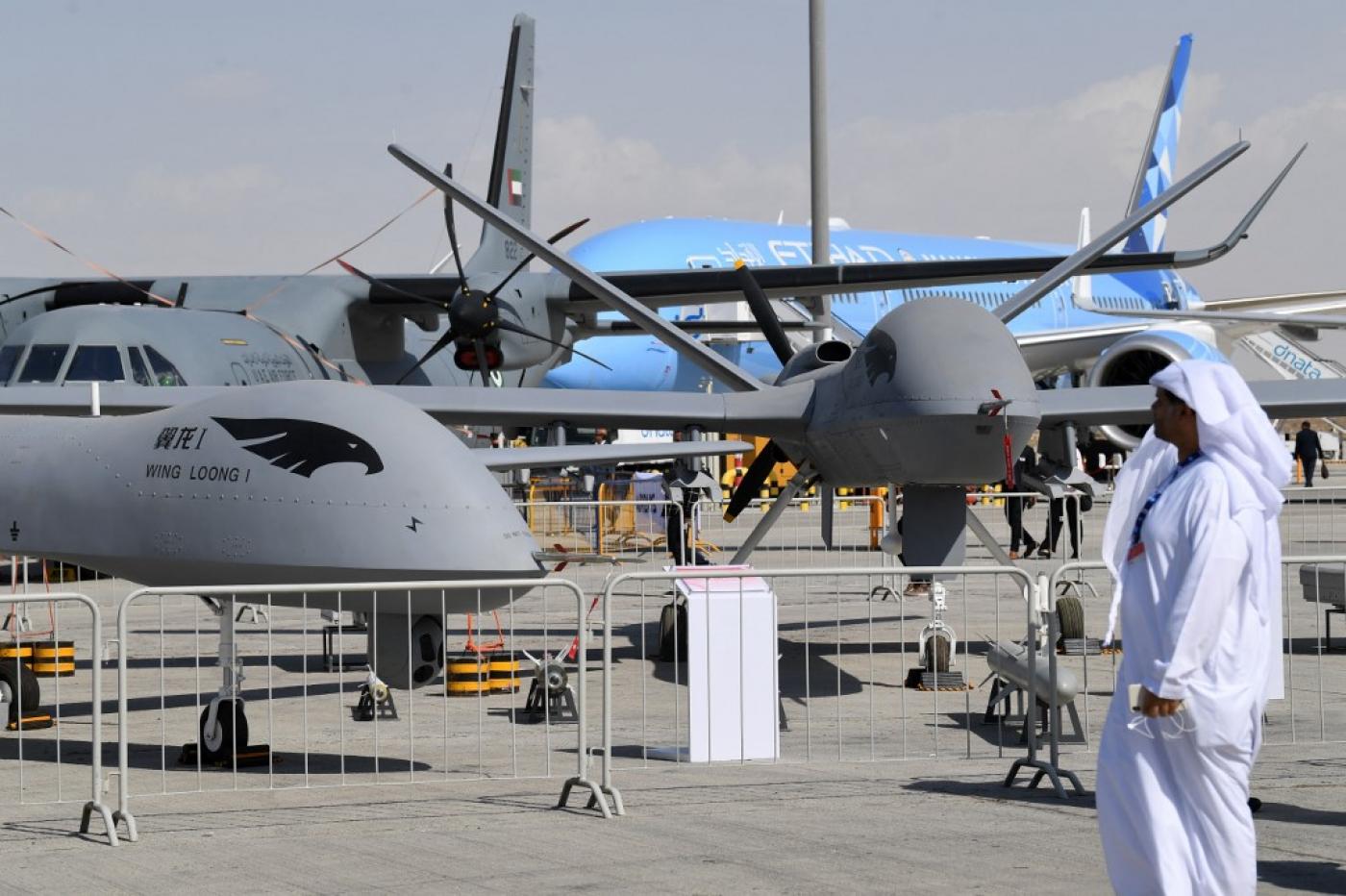 A Chinese-made Wing Loong II drone on display at an airshow in Dubai