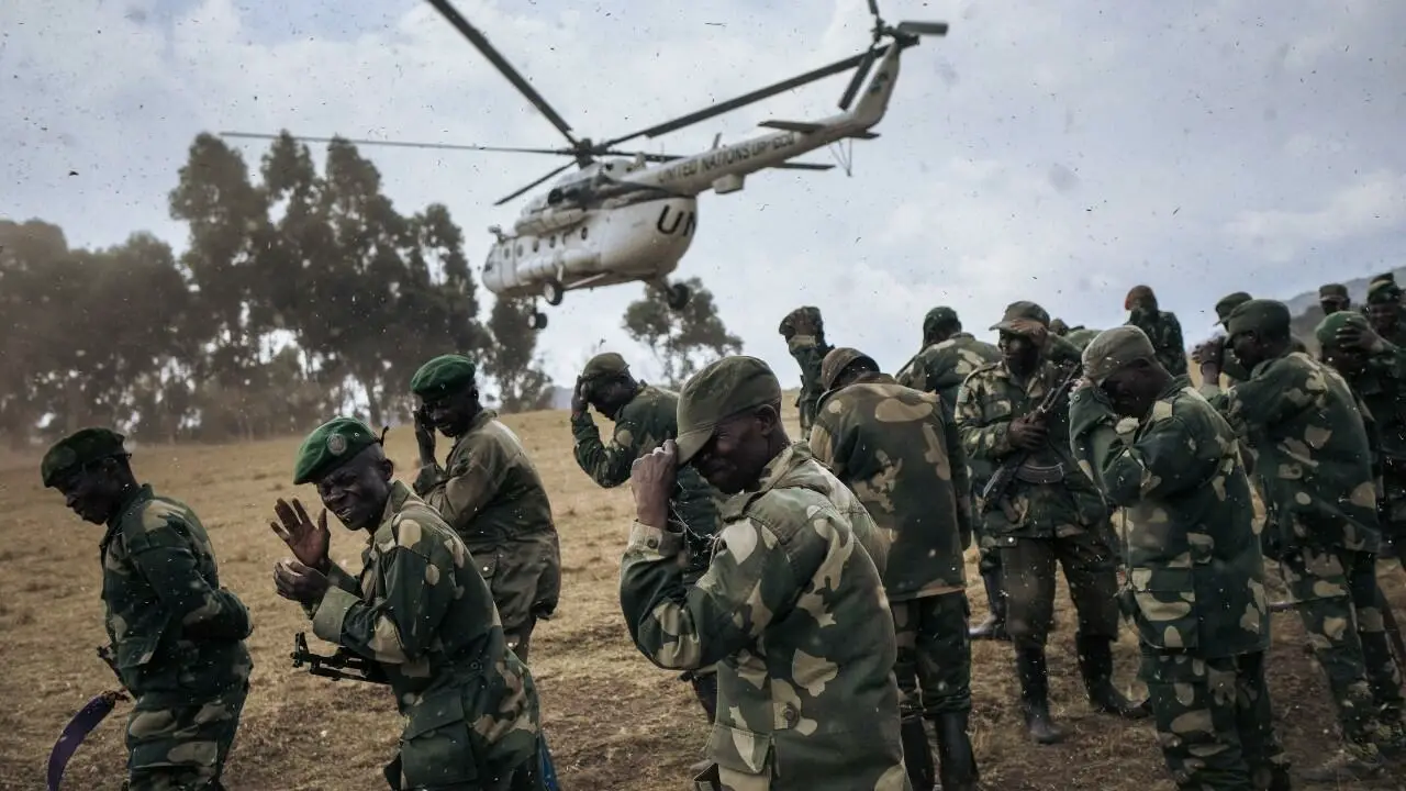 A UN Organization Stabilization Mission in the Democratic Republic of the Congo (MONUSCO) helicopter lands in Bijombo, South Kivu Province