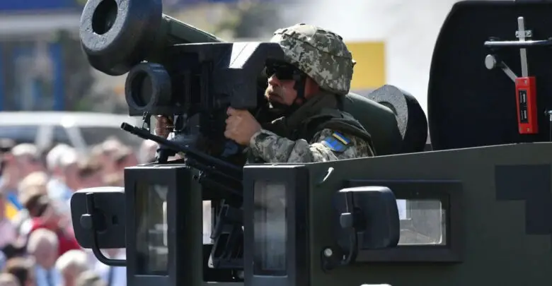 Ukrainian serviceman with Javelin anti-tank missileing a military parade