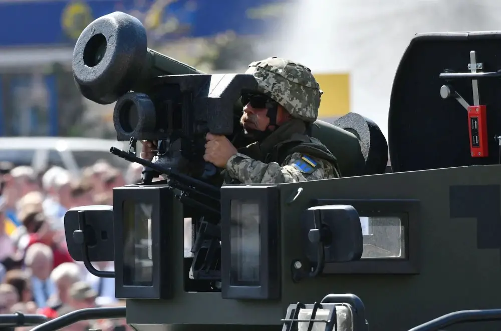 Ukrainian serviceman with Javelin anti-tank missileing a military parade