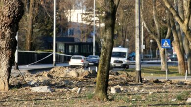 A crater on the ground after a flying object crashed overnight on the outskirts of the Croatian capital, Zagreb