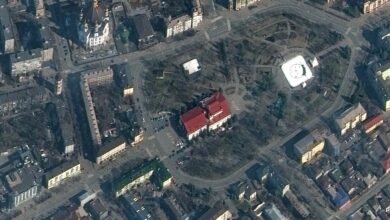 US private company Maxar satellite image taken on March 14, 2022 shows the word ‘children’ was painted in large Russian script on the ground outside the Mariupol Drama Theater