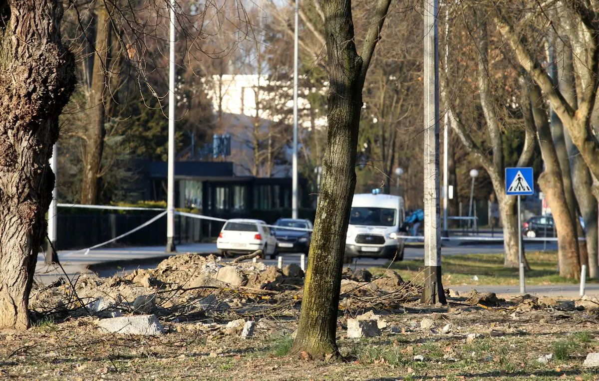 Debris and crater caused by a crashed Russian-made Tu-141 drone, in Zagreb, Croatia