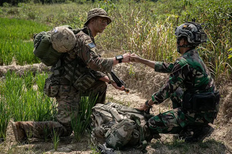 US Army soldier and his Indonesian Armed Forces counterpart fistbump