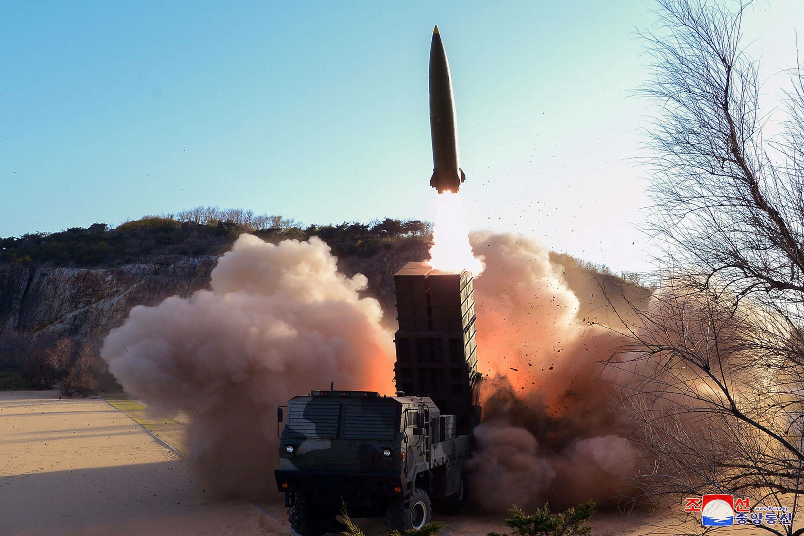 This undated picture released from North Korea's official Korean Central News Agency (KCNA) on April 17, 2022 shows the test-fire of a new-type tactical guided weapon in North Korea
