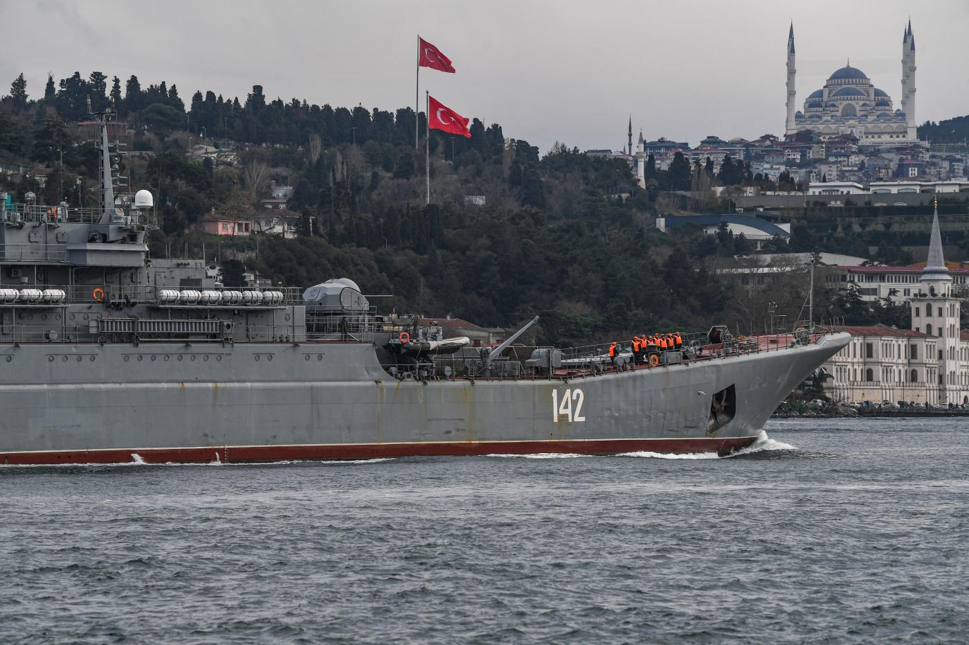 Russian warship BSF 142 Novotcherkassk sails through the Bosphorus Strait
