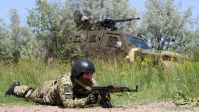 A Ukrainian army serviceman takes part in the Sea Breeze drills at the shooting range in the Kherson region of Ukraine
