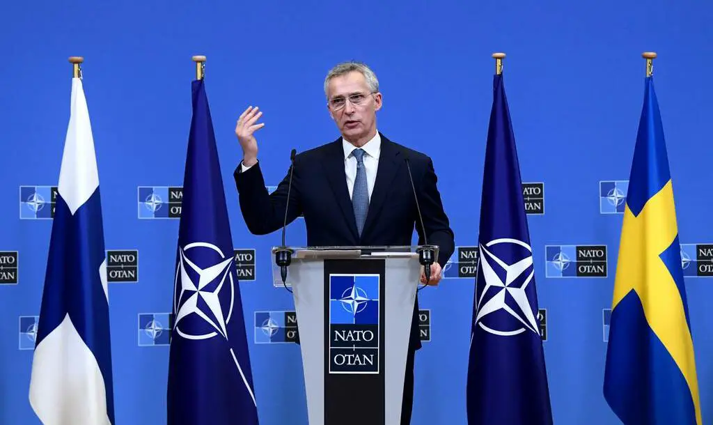 NATO Secretary-General Jens Stoltenberg speaks during a joint press with Sweden and Finland's Foreign ministers after their meeting at the NATO headquarters in Brussels