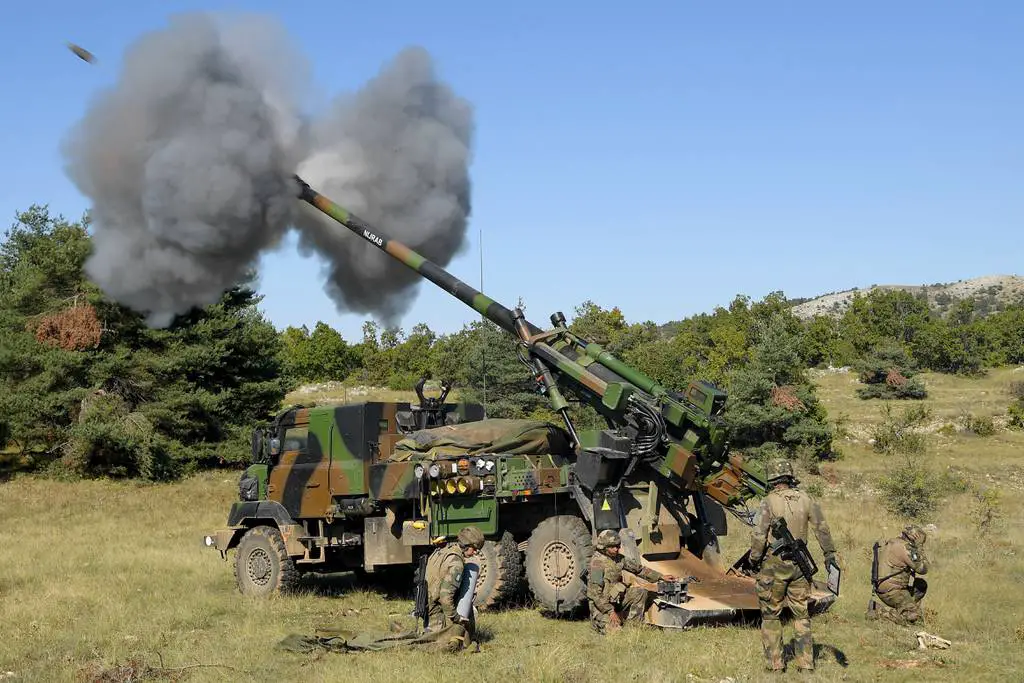 French soldiers operate a Caesar self-propelled howitzer during a high-intensity shooting exercise in Canjuers, southeastern France