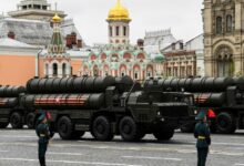Military trucks loaded with warheads capable of carrying a nuclear charge during a parade on Red Square in Moscow