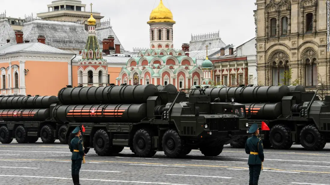 Russian S-400 Triumph medium-range and long-range surface-to-air missile systems ride through Red Square during the Victory Day military parade in Moscow