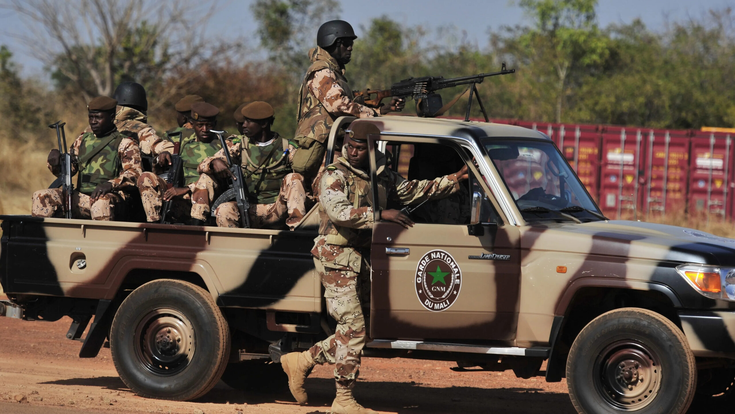 Malian National Guards patrol a military base in Bamako