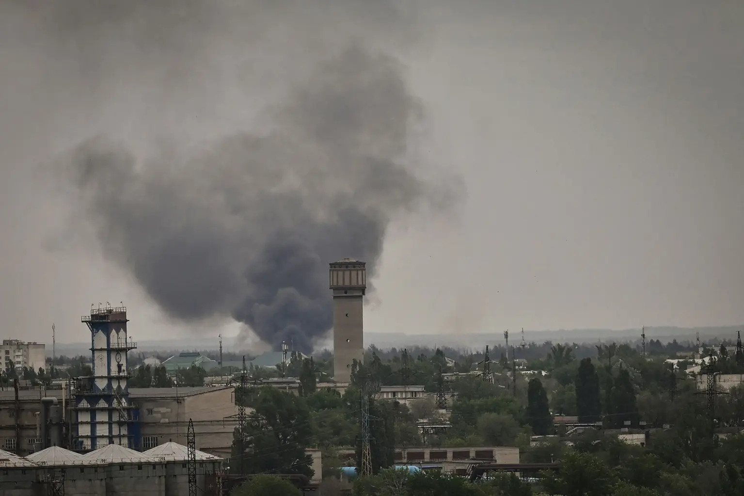 Smoke rises during shelling in the city of Severodonetsk, eastern Ukraine on May 21, 2022.